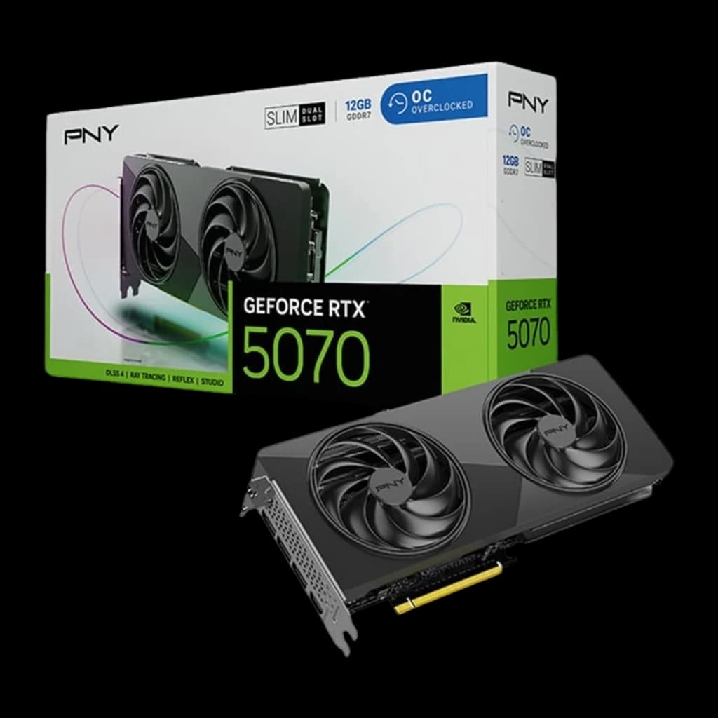 PNY GeForce RTX 5070 Slim OC 12GB GDDR7 gris, kit: carte graphique en angle avec sa boîte retail GeForce RTX 5070