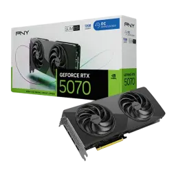 PNY GeForce RTX 5070 Slim OC 12GB GDDR7 gris, kit: carte graphique en angle avec sa boîte retail GeForce RTX 5070