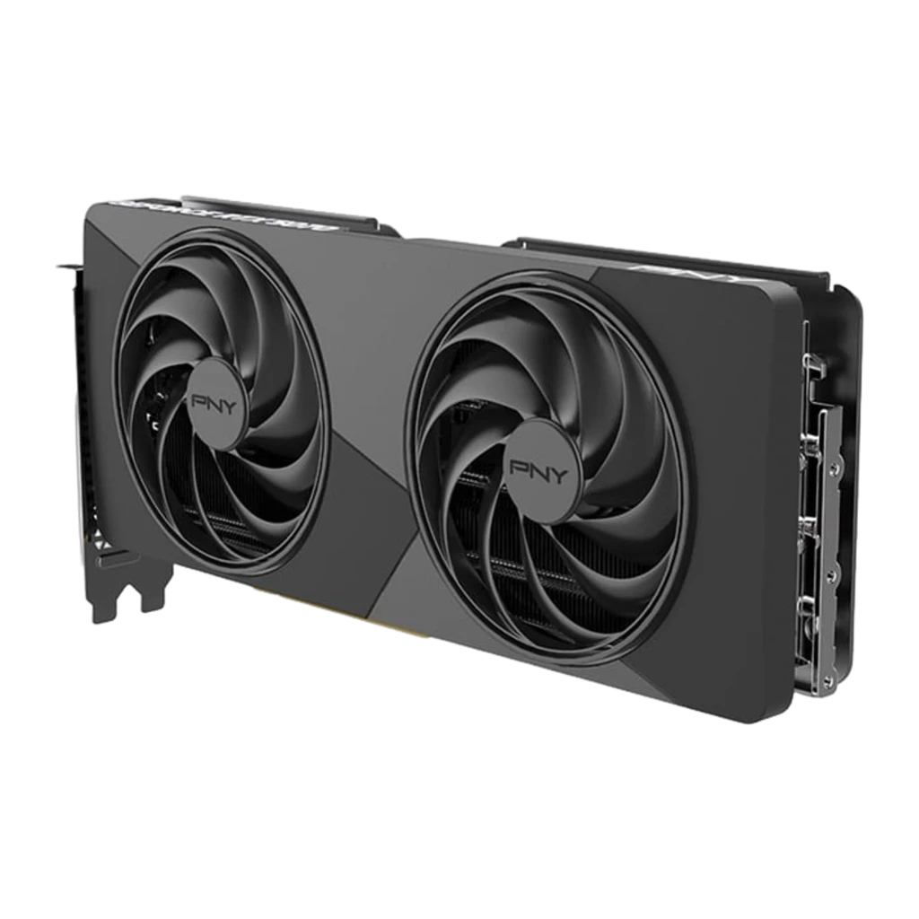 PNY GeForce RTX 5070 Slim OC 12GB GDDR7 cinza, vista em ângulo: backplate, bracket com portas e perfil slim de dois slots