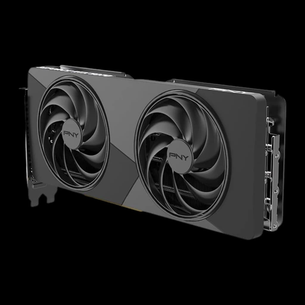 PNY GeForce RTX 5070 Slim OC 12GB GDDR7 gris, vue en angle: backplate, équerre avec ports et profil slim double slot visible