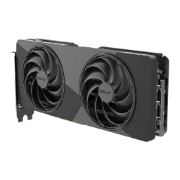 PNY GeForce RTX 5070 Slim OC 12GB GDDR7 gris, vue en angle: backplate, équerre avec ports et profil slim double slot visible