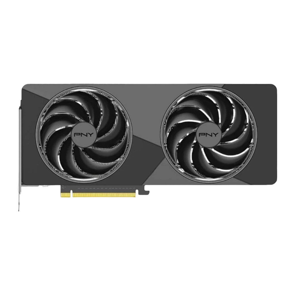 PNY GeForce RTX 5070 Slim OC 12GB GDDR7 cinza, vista frontal: shroud cinza com dois ventiladores PNY e conector PCIe dourado