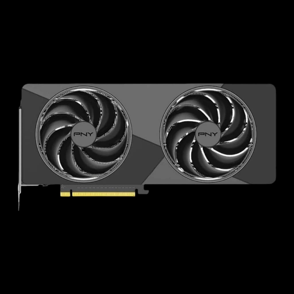 PNY GeForce RTX 5070 Slim OC 12GB GDDR7 gris, vue de face: shroud gris avec deux ventilateurs PNY et connecteur PCIe doré