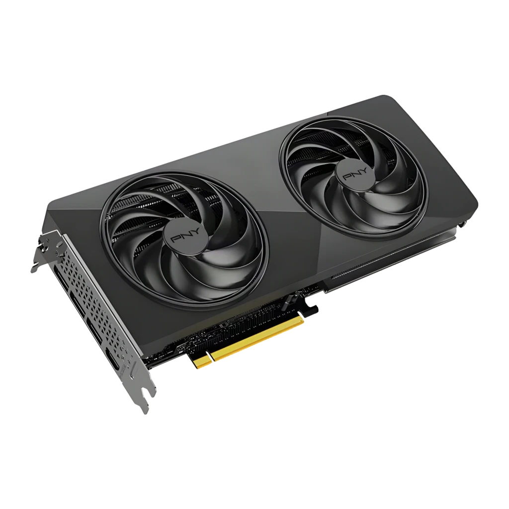 PNY GeForce RTX 5070 Slim OC 12GB, vista em perspectiva: dois ventiladores com logo PNY, design compacto preto e conector