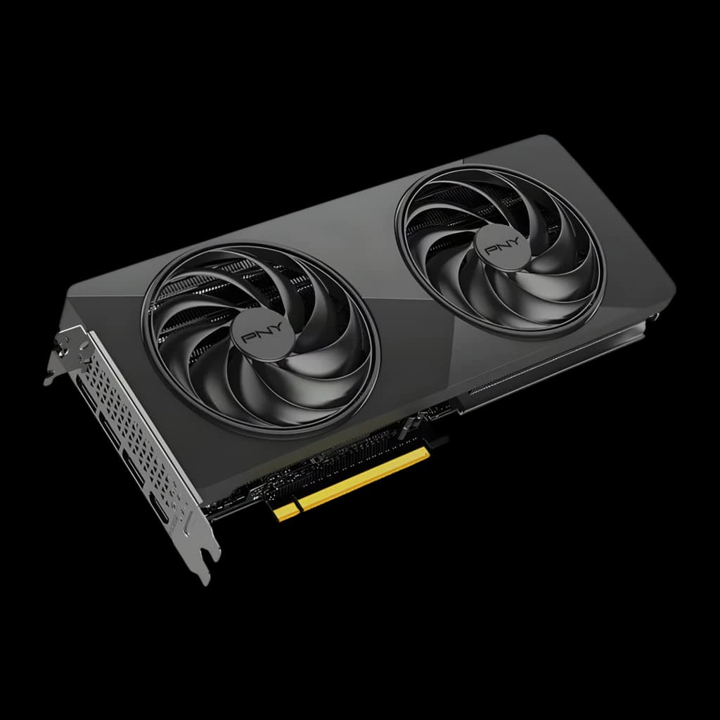 PNY GeForce RTX 5070 Slim OC 12GB, vue en perspective: deux ventilateurs avec logo PNY, design compact noir et connecteur