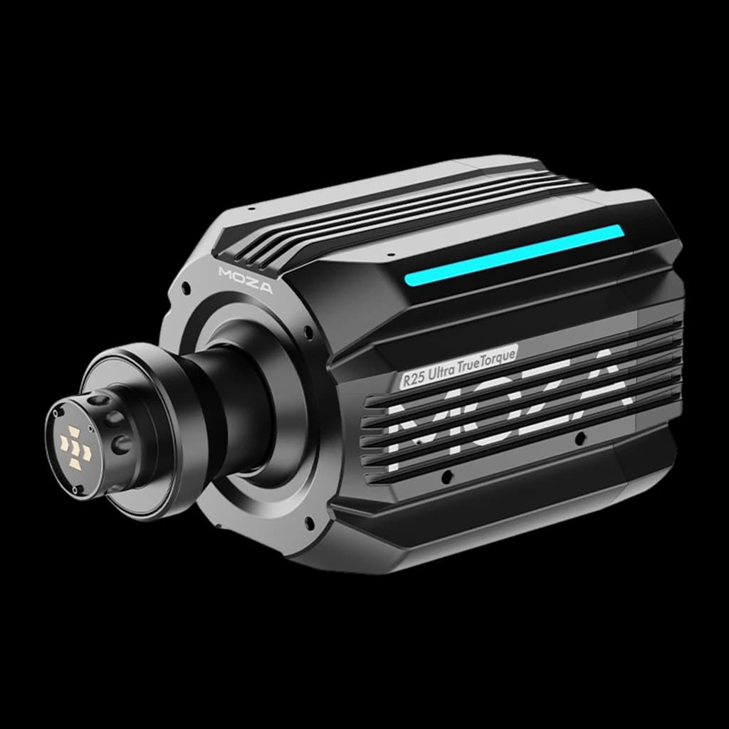 Moza Racing R25 Ultra True Torque DD preto, vista frontal-lateral esquerda: logo MOZA, LED azul e conector QR visíveis