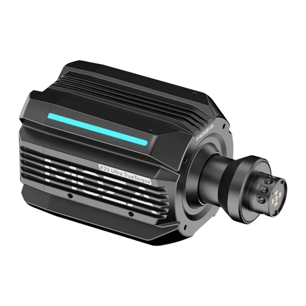 Moza Racing R25 Ultra True Torque DD preto, vista frontal-lateral esquerda: logo MOZA, LED azul e conector QR visíveis - Item1