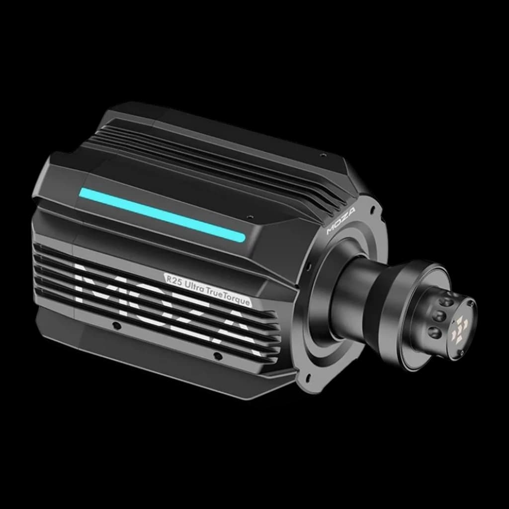 Moza Racing R25 Ultra True Torque DD preto, vista lateral direita: aletas de refrigeração, LED azul e conector QR à frente