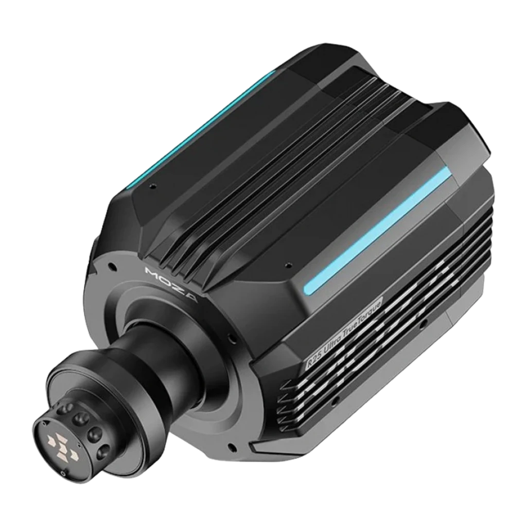 Moza Racing R25 Ultra True Torque DD preto, vista frontal-lateral esquerda: logo MOZA, LED azul e conector QR visíveis - Item2