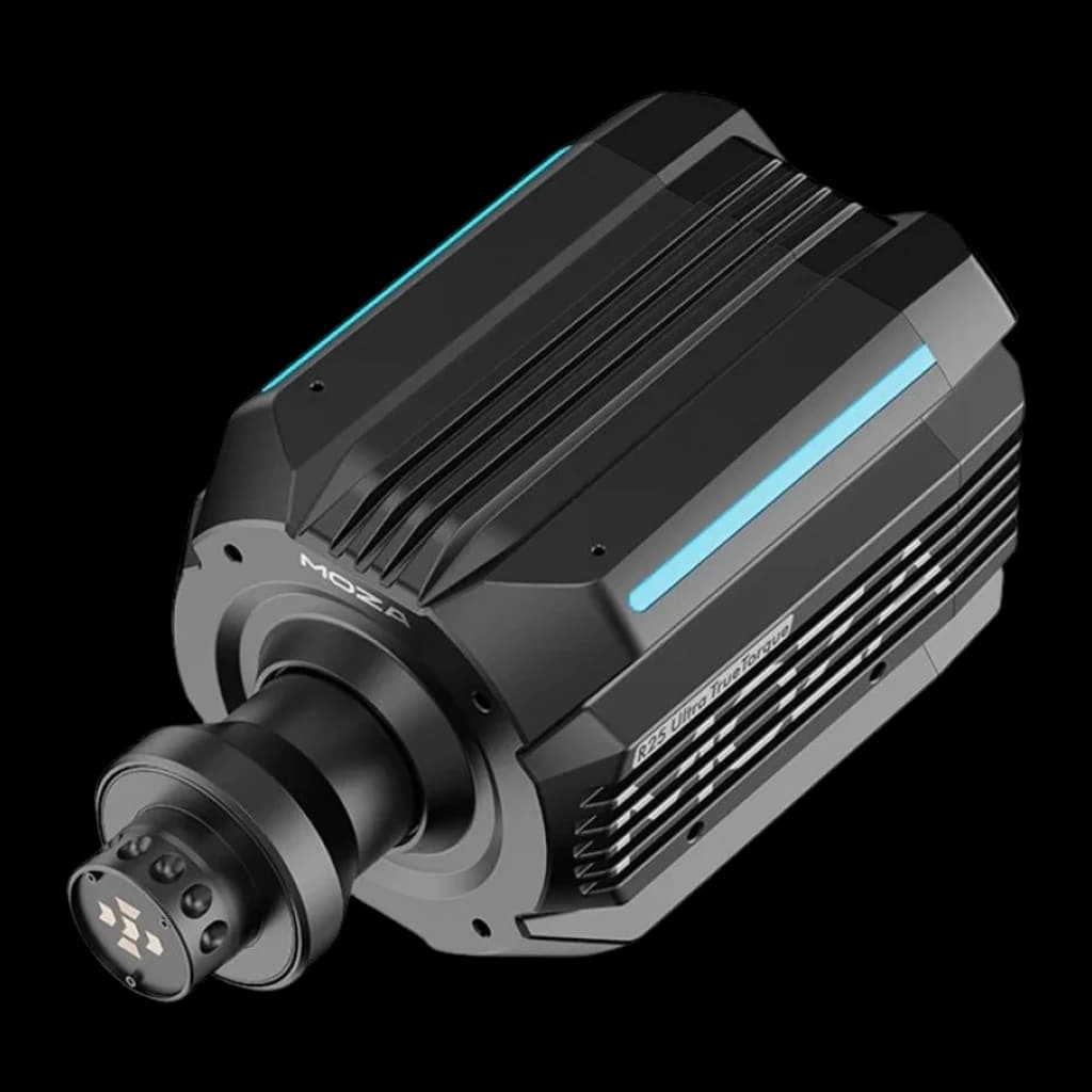 Moza Racing R25 Ultra True Torque DD preto, vista superior-traseira: corpo traseiro com aletas, duas tiras LED azuis