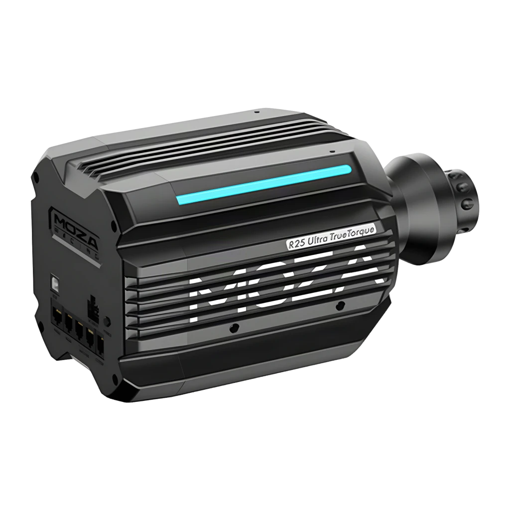 Moza Racing R25 Ultra True Torque DD preto, vista frontal-lateral esquerda: logo MOZA, LED azul e conector QR visíveis - Item3