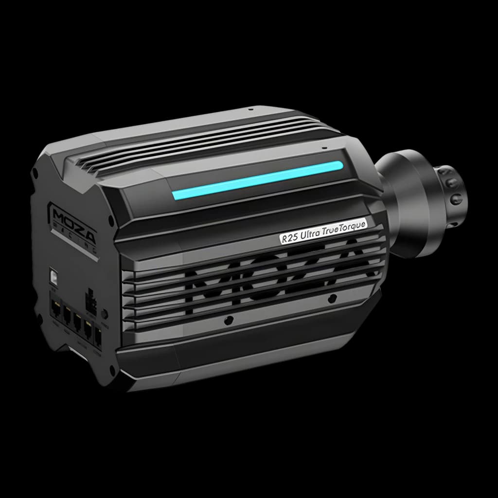 Moza Racing R25 Ultra True Torque DD Preto, vista lateral-frontal: grades de ventilação, LED azul e portas traseiras visíveis