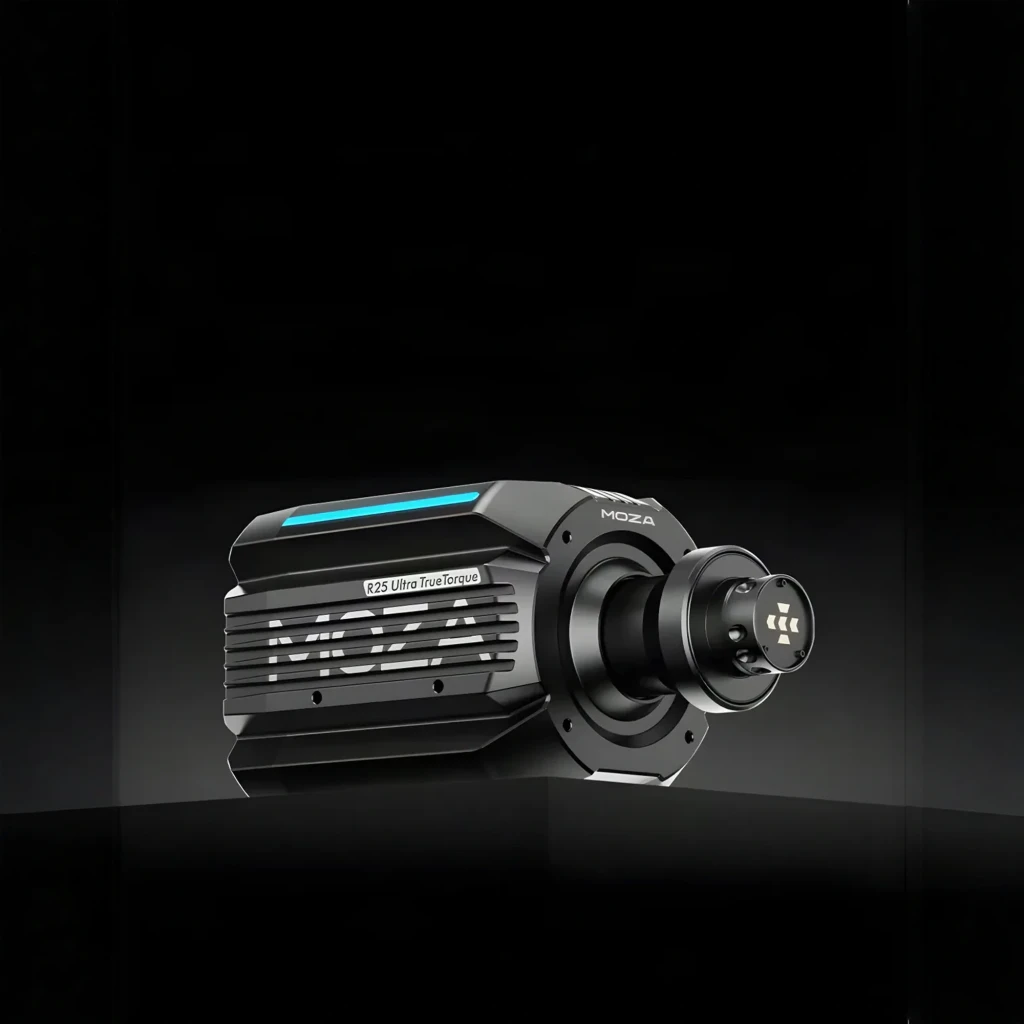 Moza Racing R25 Ultra True Torque DD preto, vista frontal-lateral esquerda: logo MOZA, LED azul e conector QR visíveis - Item5