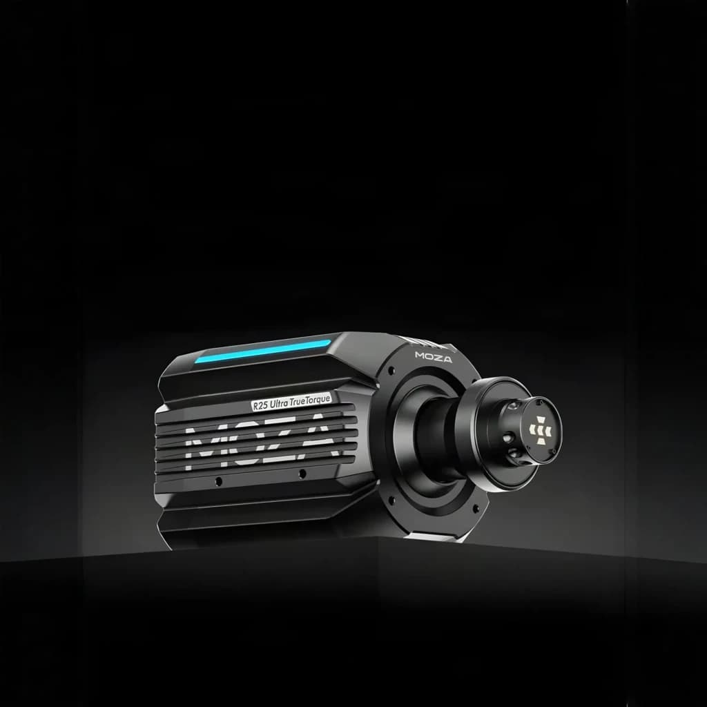 Moza Racing R25 Ultra True Torque DD preto, vista lateral: corpo com grades, logo iluminado azul e conector frontal