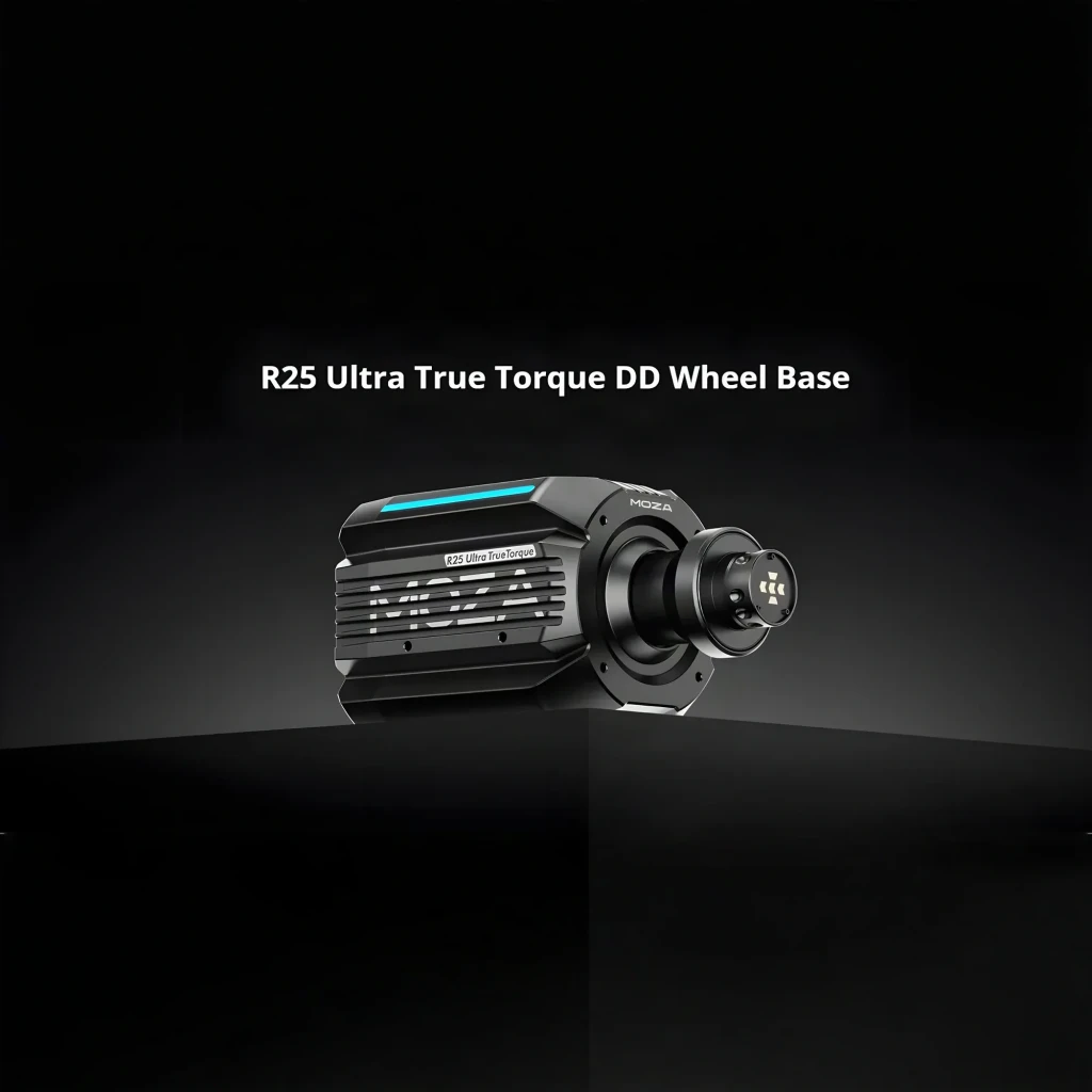 Moza Racing R25 Ultra True Torque DD preto, vista frontal-lateral esquerda: logo MOZA, LED azul e conector QR visíveis - Item4
