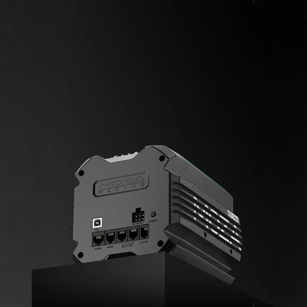 Moza Racing R25 Ultra True Torque DD preto, vista traseira: portas USB, RJ45 pedal, dash, SIG/INV, E-STOP e grelhas