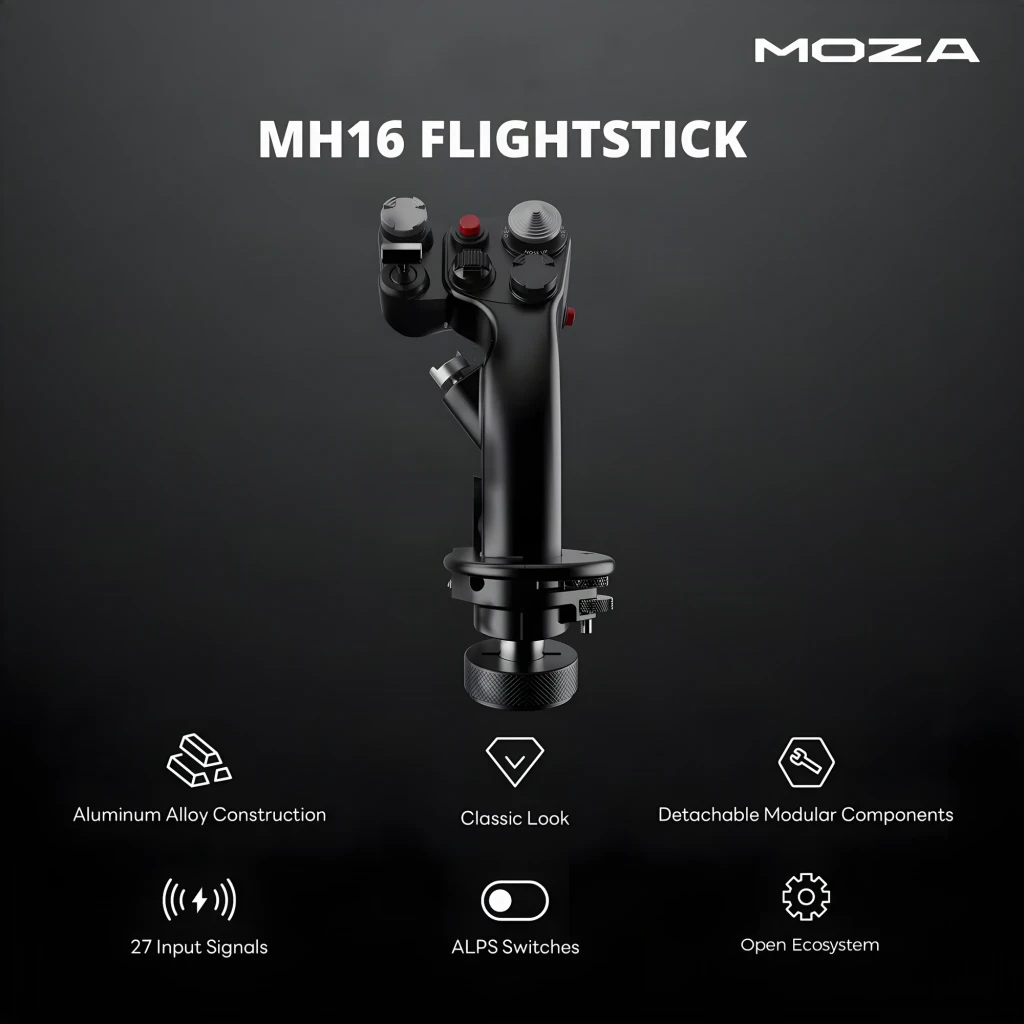 Moza Racing MH16 Preto Vermelho, vista frontal lateral: gatilho vermelho, diais prateados, base com logo MOZA e rótula - Item5