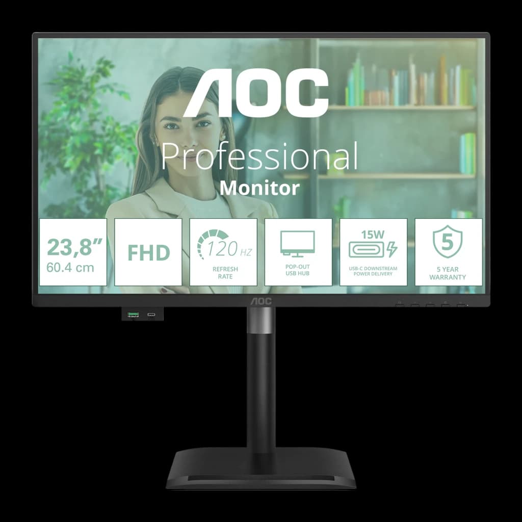 AOC Monitor E4 24e4cv 23.8" Full HD noir, vue de face: écran avec specs FHD 120Hz USB-C et pied réglable