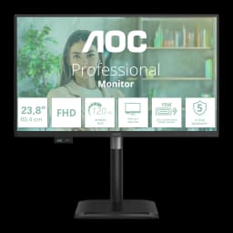 AOC Monitor E4 24e4cv 23.8" Full HD noir, vue de face: écran avec specs FHD 120Hz USB-C et pied réglable