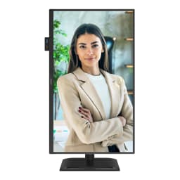 AOC Monitor E4 24e4cv 23.8" Full HD noir, vue de face: écran actif avec image, ports latéraux visibles et pied