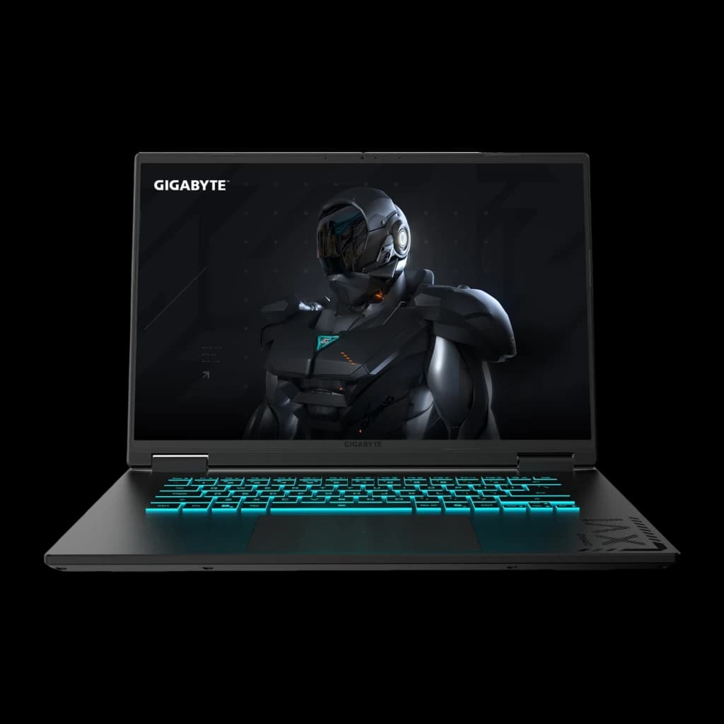GIGABYTE Gaming A16 CWH 32+1000GB noir, vue de face: écran 16" avec fond gaming et clavier RGB cyan rétroéclairé