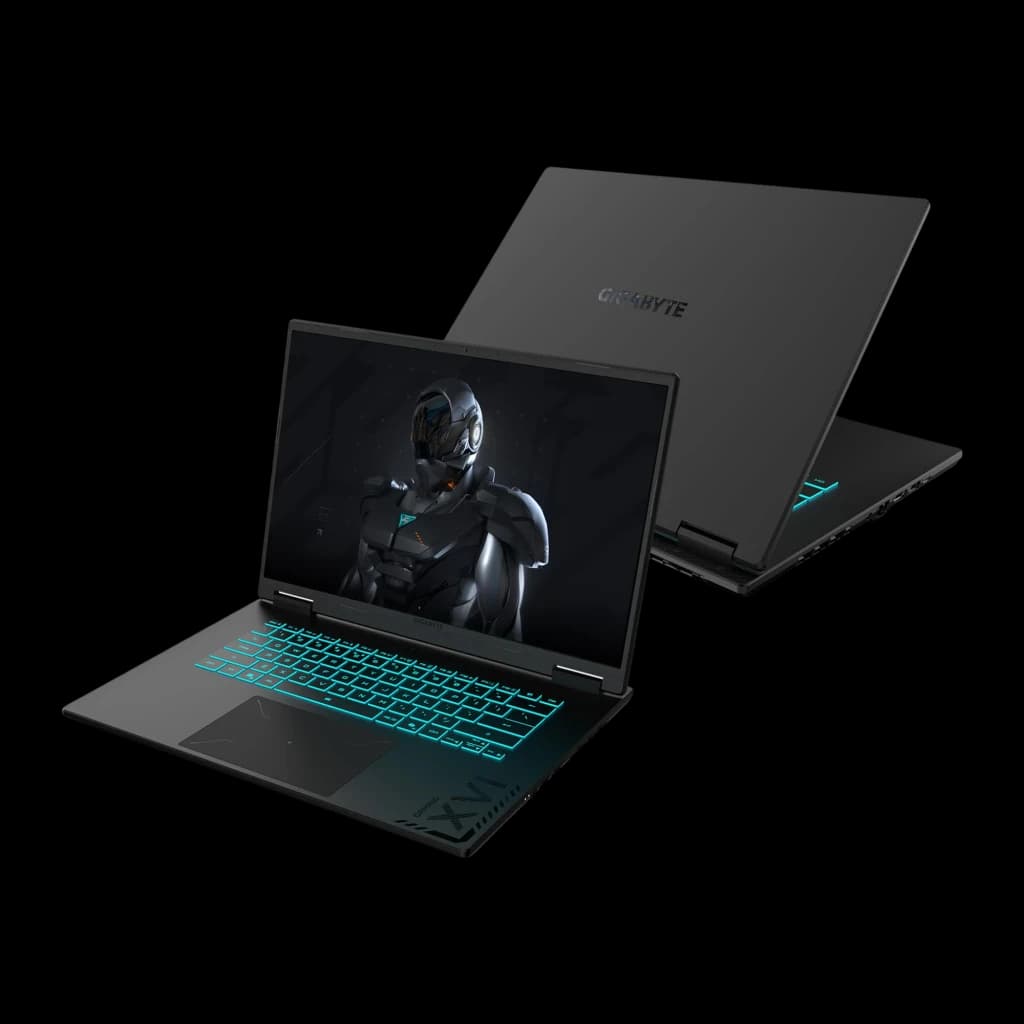 GIGABYTE Gaming A16 CWH 32+1000GB noir, double vue avant et arrière: couvercle avec logo GIGABYTE et clavier RGB cyan