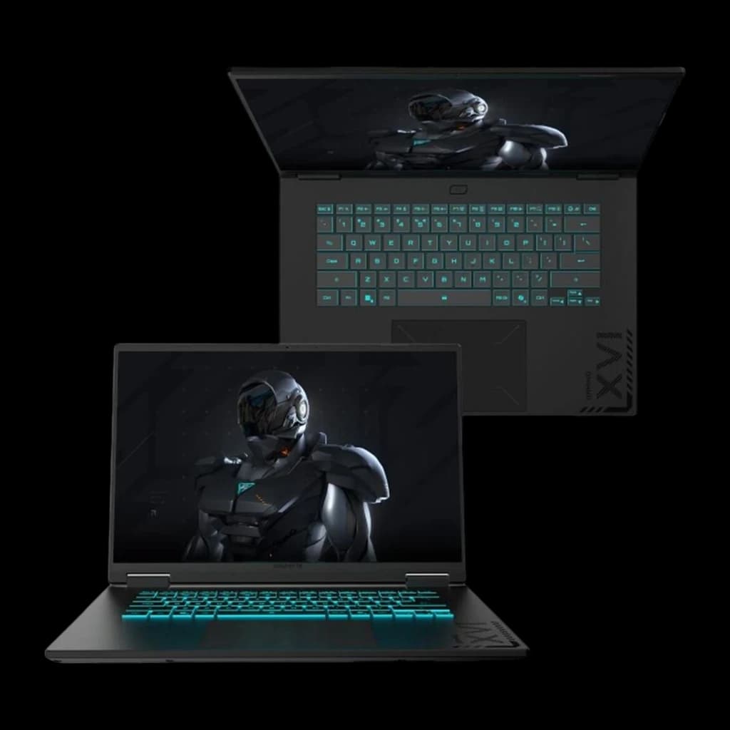 GIGABYTE Gaming A16 CWH 32+1000GB noir, vue du dessus et inclinée: clavier RGB cyan vu de haut et écran gaming
