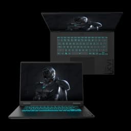 GIGABYTE Gaming A16 CWH 32+1000GB noir, vue du dessus et inclinée: clavier RGB cyan vu de haut et écran gaming