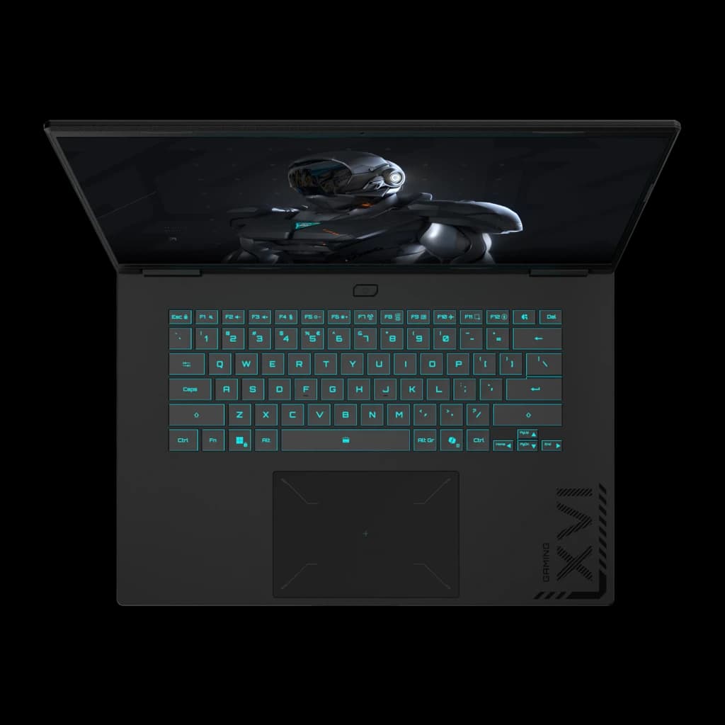 GIGABYTE Gaming A16 CWH 1TB noir, vue du dessus: clavier rétroéclairé turquoise, pavé tactile et écran avec personnage gaming