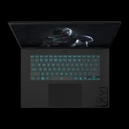 GIGABYTE Gaming A16 CWH 1TB noir, vue du dessus: clavier rétroéclairé turquoise, pavé tactile et écran avec personnage gaming