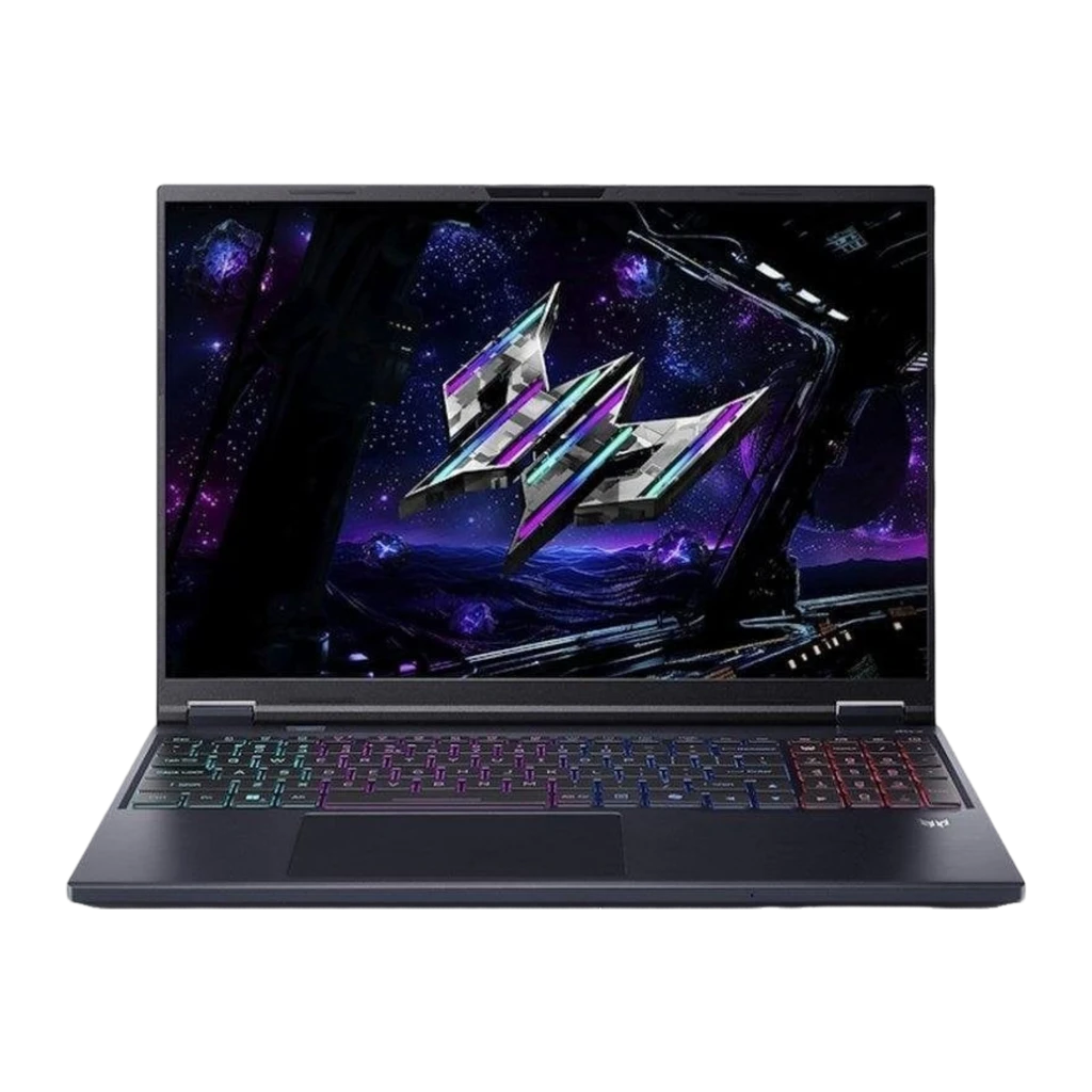 Acer Predator PHN16-73 1000GB preto, vista frontal aberta: ecrã com logo Predator, teclado RGB e badge GeForce RTX - Item2