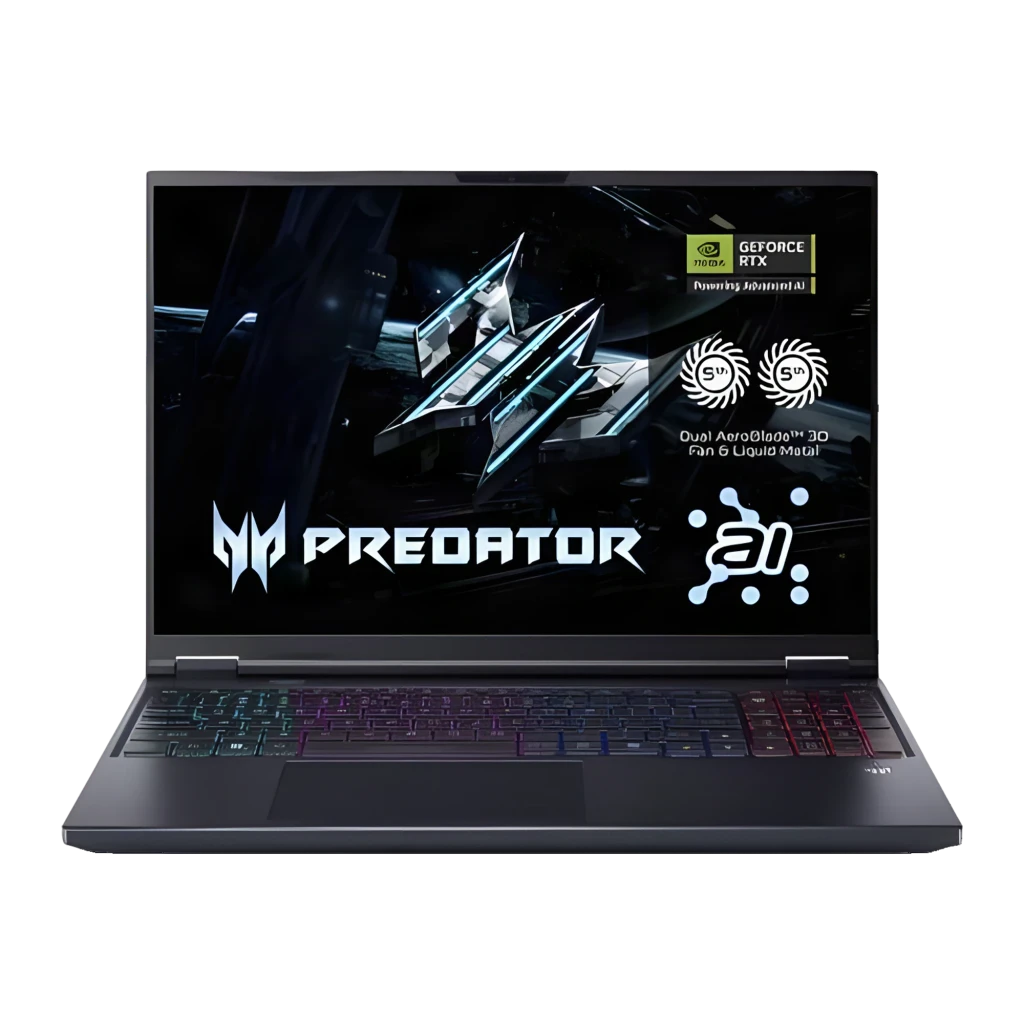 Acer Predator PHN16-73 1000GB preto, vista frontal aberta: ecrã com logo Predator, teclado RGB e badge GeForce RTX - Item1