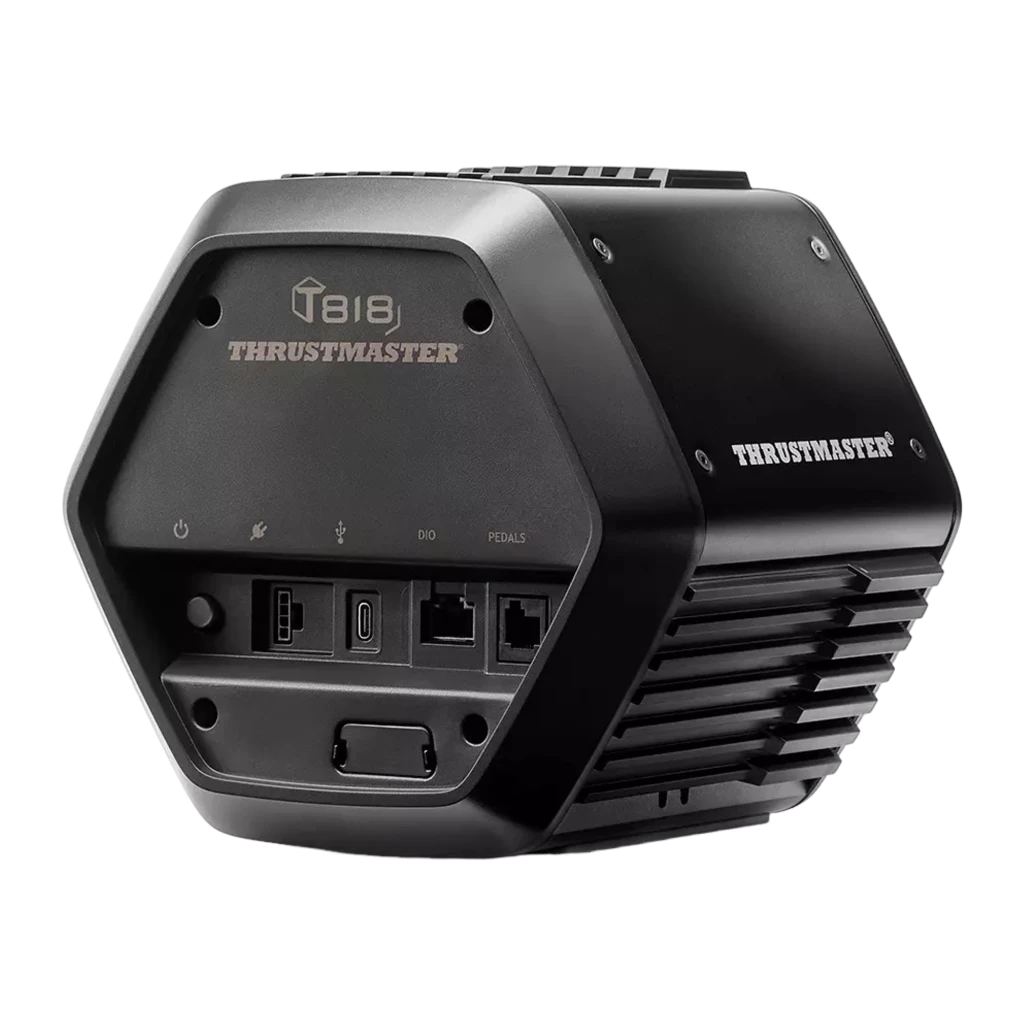 Thrustmaster Base T818 Black Edition preto, vista frontal-lateral: conector de volante hexagonal com aro vermelho e grelha - Item1
