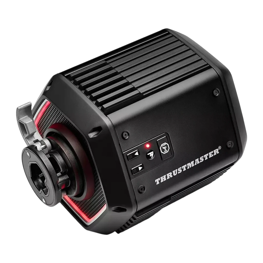 Thrustmaster Base T818 Black Edition preto, vista frontal-lateral: conector de volante hexagonal com aro vermelho e grelha - Item2