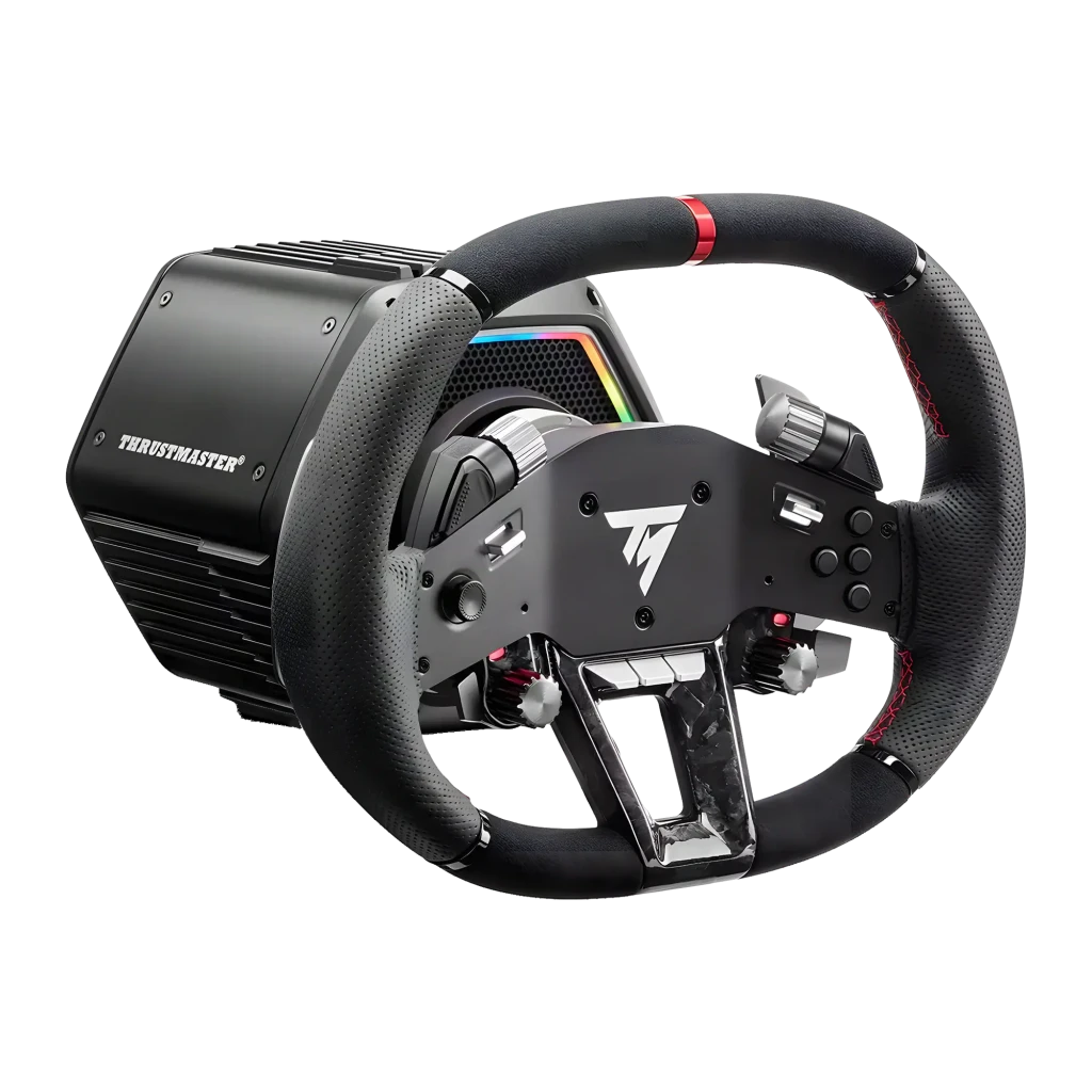 Thrustmaster Base T818 Black Edition preto, vista frontal-lateral: conector de volante hexagonal com aro vermelho e grelha - Item3
