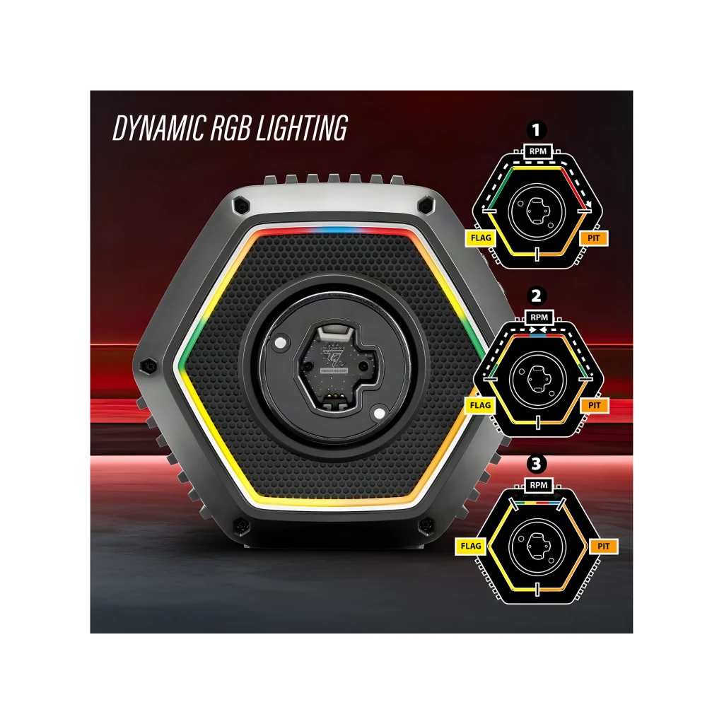 Thrustmaster Base T818 Black Edition preto, vista frontal-lateral: conector de volante hexagonal com aro vermelho e grelha - Item4