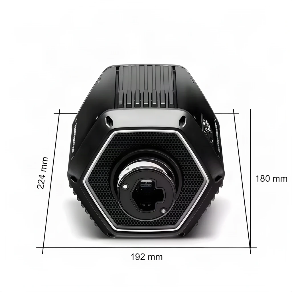 Thrustmaster Base T818 Black Edition preto, vista frontal-lateral: conector de volante hexagonal com aro vermelho e grelha - Item5