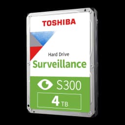 Toshiba S300 Surveillance 4TB, vista frontal em ângulo: etiqueta com logo, ícone olho e capacidade 4TB visíveis