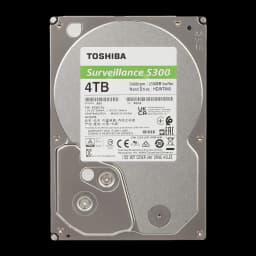 Toshiba S300 Surveillance 4TB, vista frontal plana: etiqueta técnica com 5400rpm, buffer 256MB e certificações