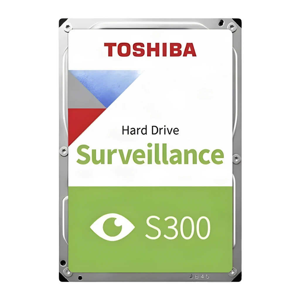 Toshiba S300 Surveillance 4TB, vue de face en angle: étiquette avec logo, icône œil et capacité 4TB visibles - Ítem3