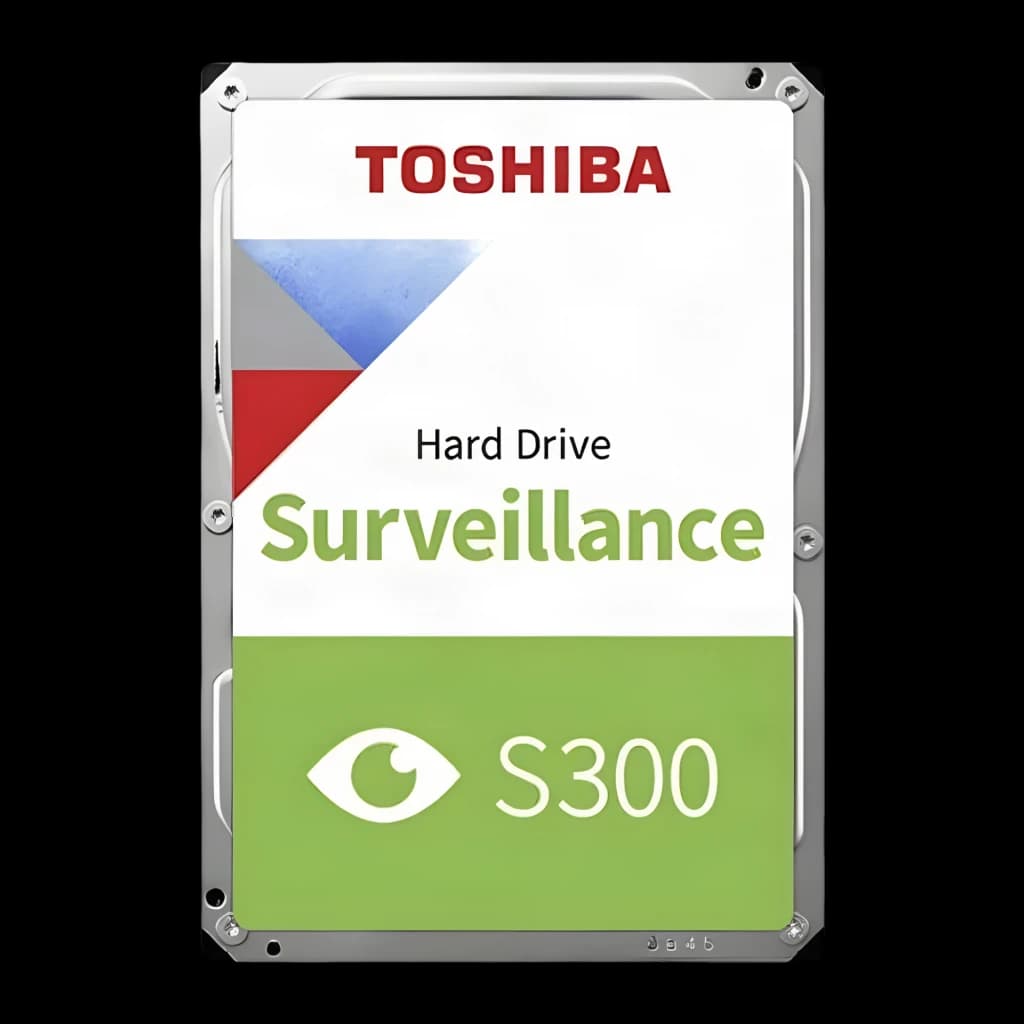Toshiba S300 Surveillance 4TB, vista frontal: etiqueta com logo, texto Surveillance e modelo S300