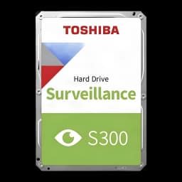 Toshiba S300 Surveillance 4TB, vista frontal: etiqueta com logo, texto Surveillance e modelo S300