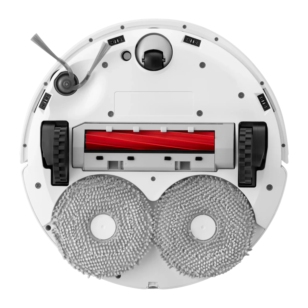 Roborock Qrevo L branco, vista frontal em ângulo: robô aspirador acoplado à base de esvaziamento automático com mopas abertas - Item1