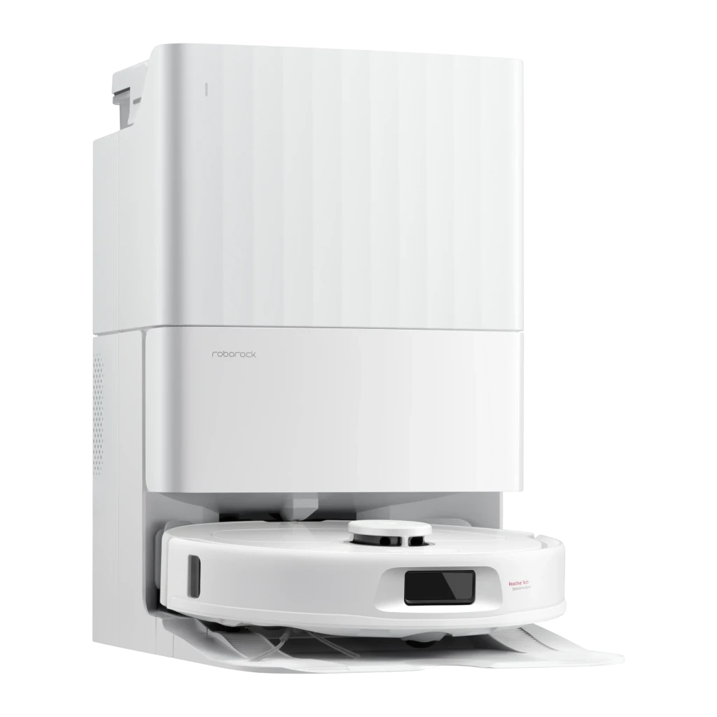Roborock Qrevo L branco, vista frontal em ângulo: robô aspirador acoplado à base de esvaziamento automático com mopas abertas - Item2