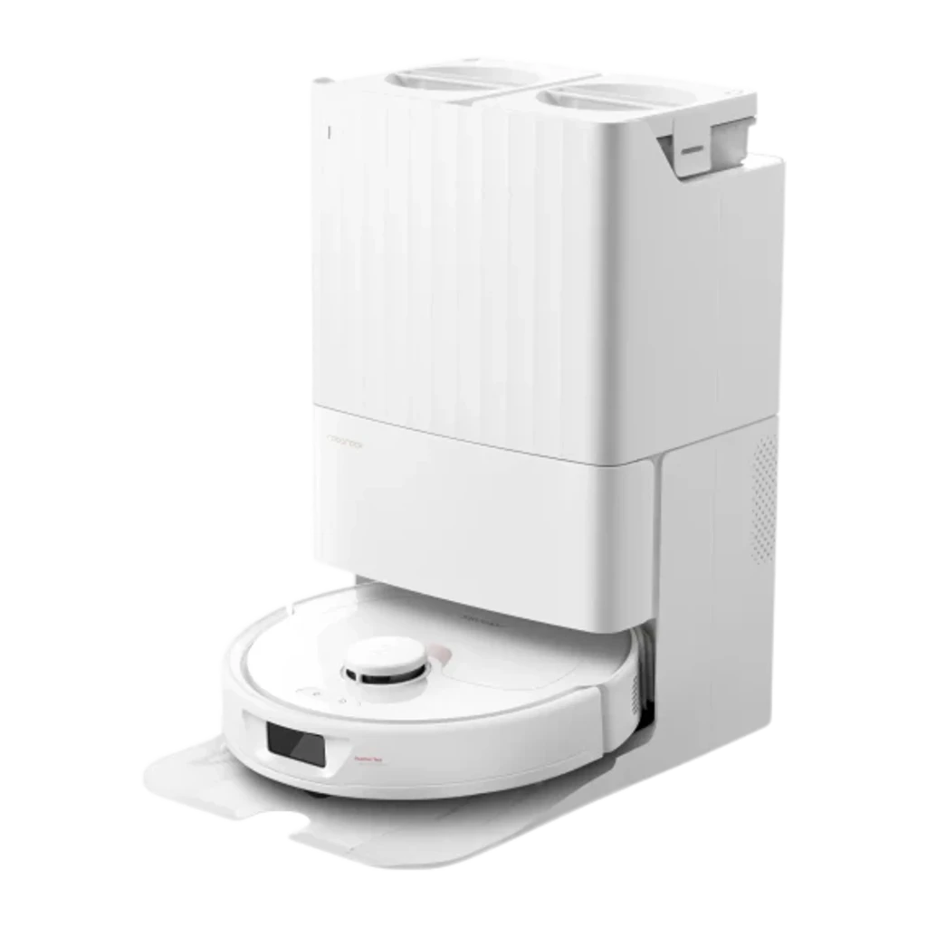 Roborock Qrevo L branco, vista frontal em ângulo: robô aspirador acoplado à base de esvaziamento automático com mopas abertas - Item3