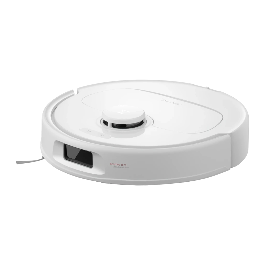 Roborock Qrevo L branco, vista frontal em ângulo: robô aspirador acoplado à base de esvaziamento automático com mopas abertas - Item4