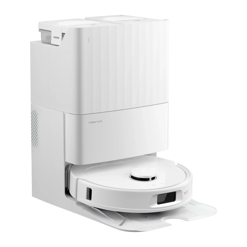 Roborock Qrevo L branco, vista frontal em ângulo: robô aspirador acoplado à base de esvaziamento automático com mopas abertas - Item5