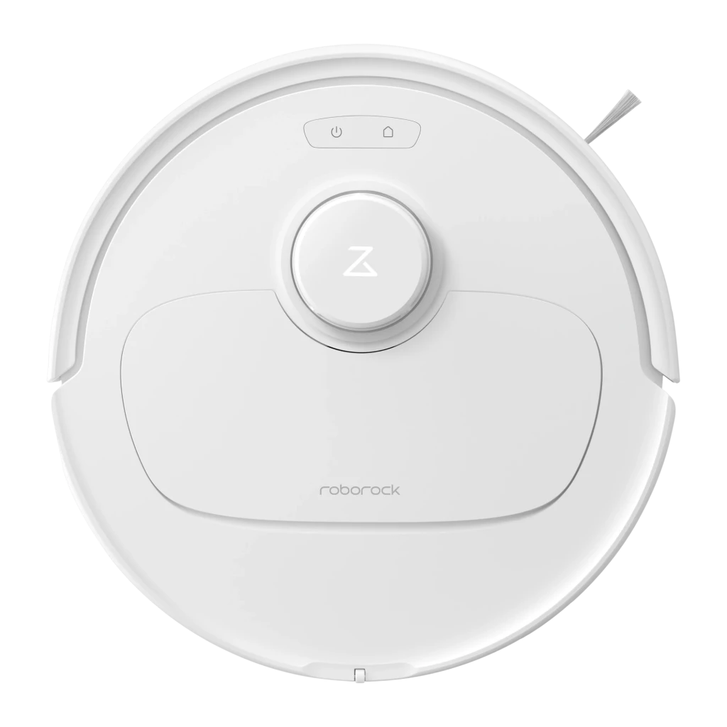 Roborock Qrevo L branco, vista frontal em ângulo: robô aspirador acoplado à base de esvaziamento automático com mopas abertas - Item6