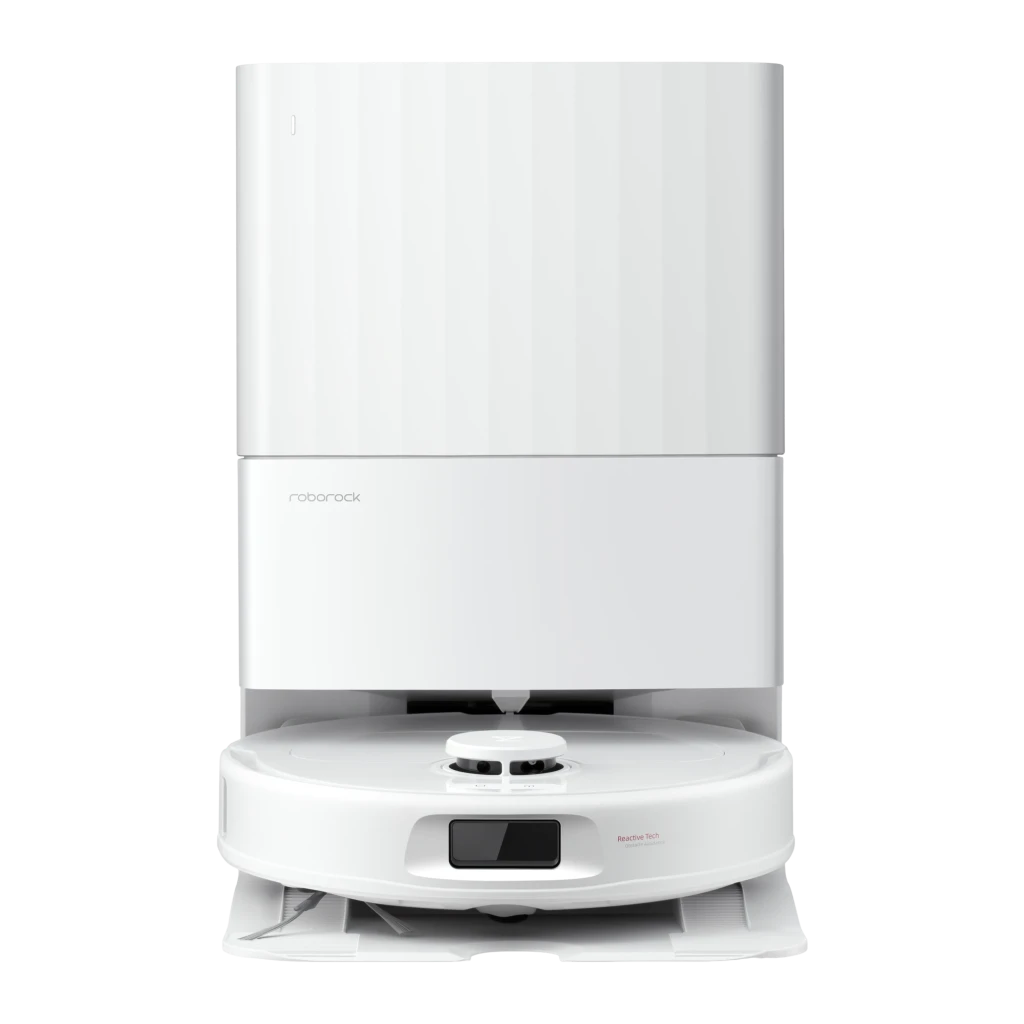 Roborock Qrevo L branco, vista frontal em ângulo: robô aspirador acoplado à base de esvaziamento automático com mopas abertas - Item7