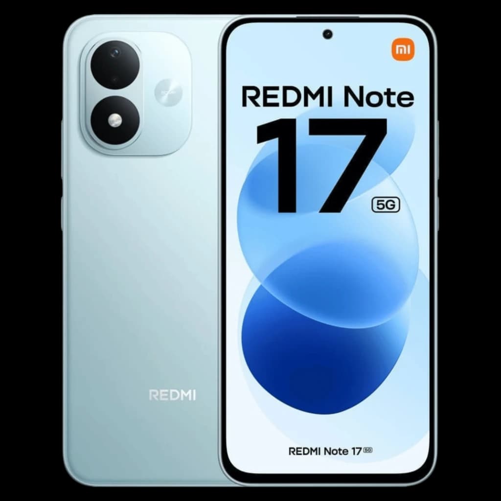 Xiaomi Redmi Note 17 5G en Sky Teal con pantalla perforada, biseles delgados y módulo dual de cámara trasera grande; logo Redmi discreto en la tapa